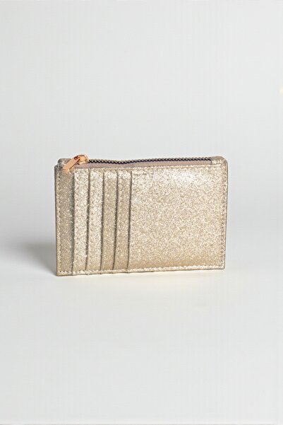 dericom Kadın Simli Fermuarlı Gold Cüzdan – Kart Bölmeli İnce Model