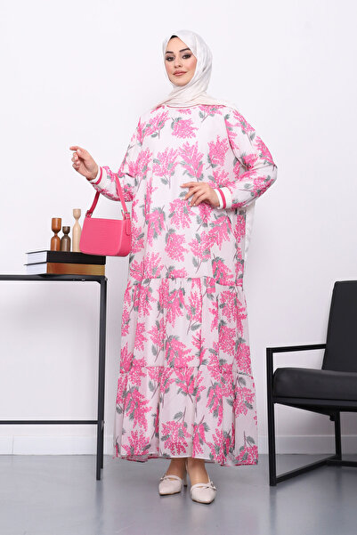 İmajButik Pink Patterned Chiffon Dress