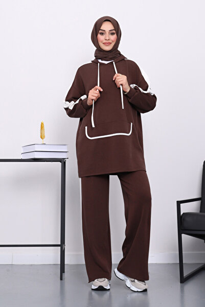 İmajButik Brown Hooded Color Block Tunic Trouser Suit