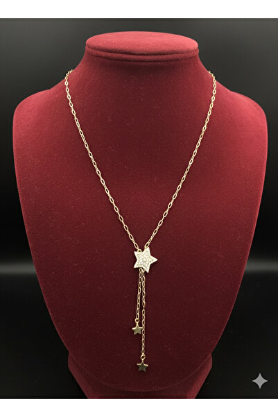 Fashionjewelery Çelik yıldızlı asansörlü gold Zirkon taşlı kolye