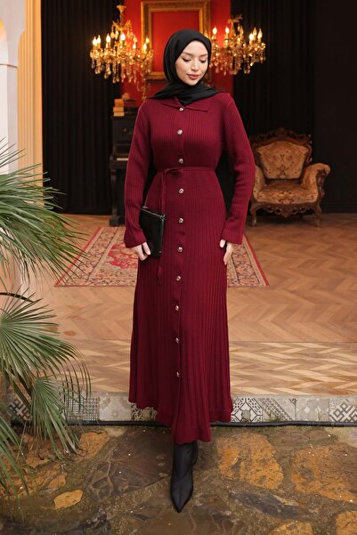 İmajButik Rochie de tricotat cu nasturi bordeaux