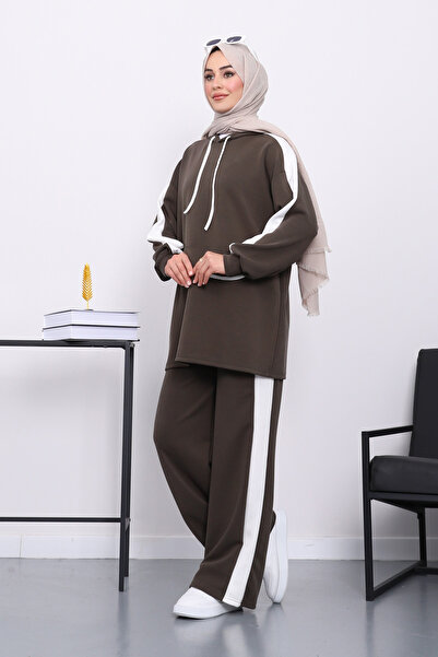 İmajButik طقم بنطلون تونيك كاكي بغطاء رأس ألوان متباينة