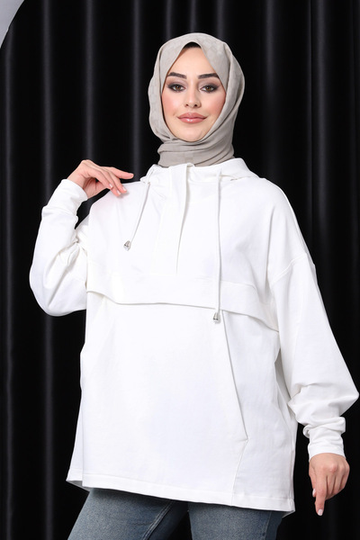 İmajButik White Zippered Pocket Two Thread Ov Oversized Weat