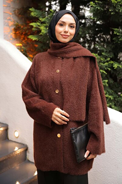 İmajButik Angora Soft Knit Cardigan with Brown Scarf Detail