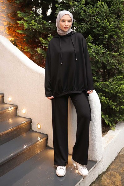 İmajButik Black Front Detailed Modal Tunic Trouser Suit