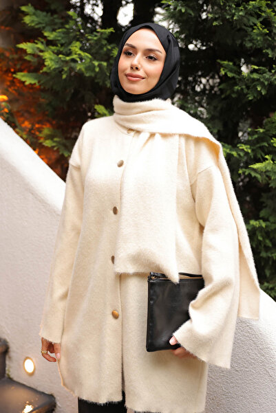 İmajButik Krem Atkı Detaylı Angora Yumoş Triko Hırka