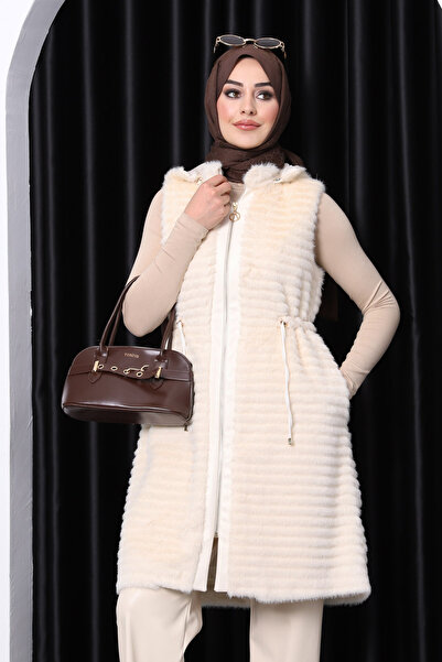 İmajButik Cream Leather Paneled Angora Soft Vest