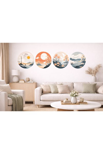 ReklamX Modern Circle Landscape Wall Sticker Set – Minimal Art Living Room & Living Room Decor (Set of 4)