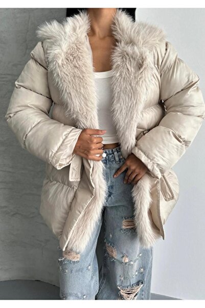 Lunea Womens Women's Beige Fur Collar Belted Puffer Coat with Pockets