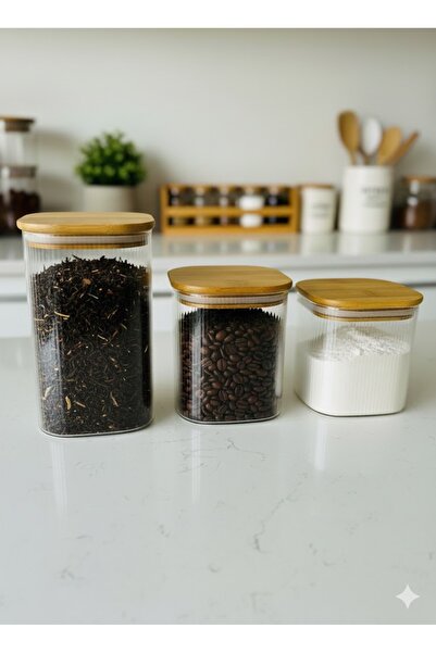 YIWU Bamboo Lid Vacuum Stripe Square Jar Set of 3 700ml 900ml 1100ml