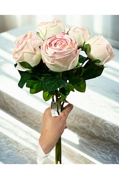 Home Lüx Islak Dokulu Gerçekçi Gül , Pembe Krem Geçişli 1. Kalite (43cm) Tek Dal