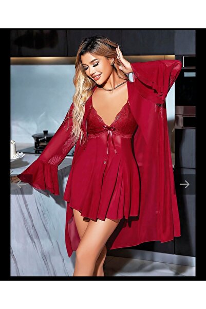 ELEANA Özel Tasarım Dantel İşlemeli Göğüs Dekolteli Sabahlıklı Bordo 2'li Tül...