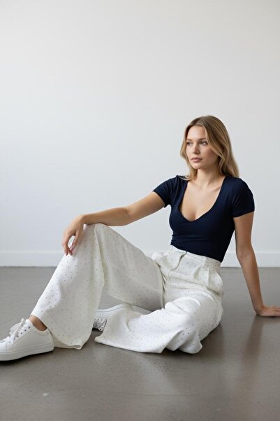 SLAY BUTİK Taşlı Palazzo Pantolon Beyaz