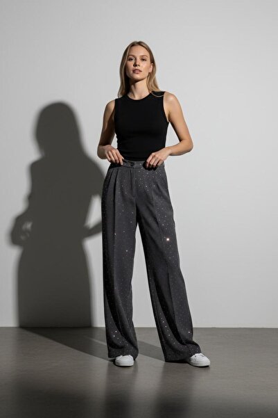 SLAY BUTİK Taşlı Palazzo Pantolon Antrasit