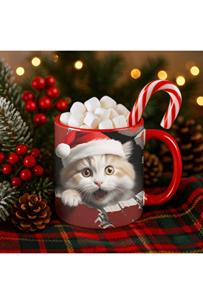 Solid Baskı Stüdyosu Yılbaşı Temalı Porselen Kupa Bardak - Kedi Figürlü Kırmı...