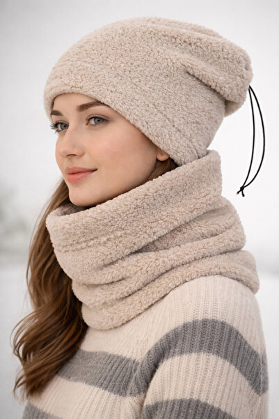 Homy Life Women's Welsoft Winter Drawstring Beanie & Neck Warmer Scarf 2-Piece Set |   Soft Textured Warm Hat Beanie