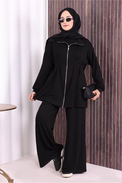 TRENDTESETTÜR KADIN SİYAH PANTOLONLU FERMUARLI TAKIM T 8506