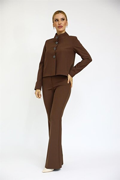 ÖNDER ÖZSOY ياقة مرتفعة متوسطة الطول سترة رياضية قصيرة و واسع الأرجل بنطلون ب...