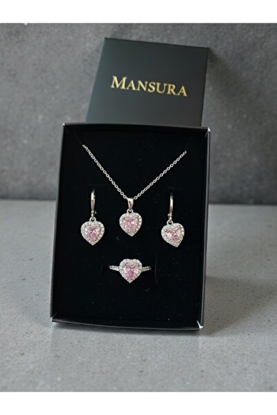 Mansura Çelik Kalp Kolye Küpe ayarlanabilir yüzük seti Kutulu Hediye Sevgili