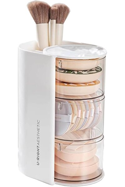 Arabest علبة تخزين فرش مكياج بيضاء، حامل فرش مكياج دوار ثلاثي الطبقات بفتحتين