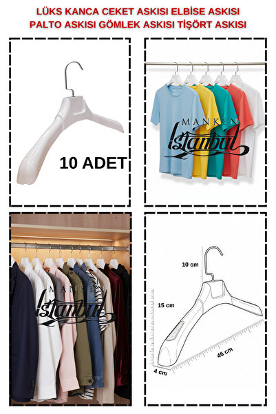 Manken İstanbul 10 Adet Özel Kancalı - Beyaz 45 cm ABS Plastik Ceket Askısı P...