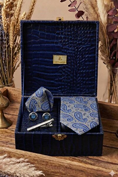Kravatkolik Navy Blue Men's Gift Box - Tie with Handkerchief Cufflinks Tie Clip Kmk103