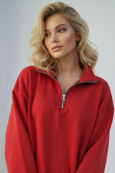 UNCİA OUTDOORS Yarım Fermuarlı Kadın Oversize Sweatshirt Rahat Kalıp Günlük K...