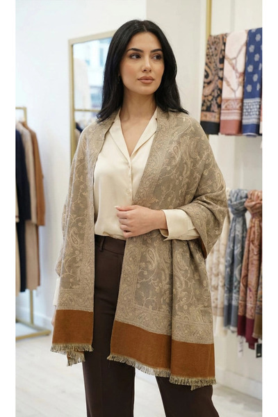 Cashmere KAŞMİR YÜNLÜ OMUZ ŞALI-Sütlü kahve