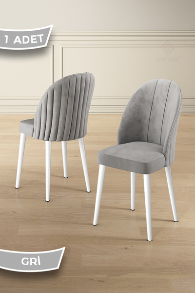 Canisa Mara Serisi 1 Adet Gri Beyaz Metal Ayak Babyface Kumaş Mutfak Sandalyesi