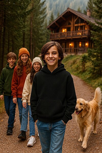 Cloise Children's Sweat-shirt, hooded, embroidered, 3 thread raised, Black