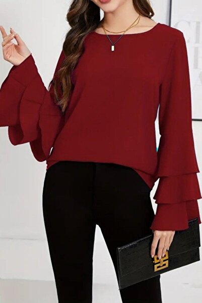 Mossta Crew Neck Ruffled Sleeve Sandy Blouse - Red