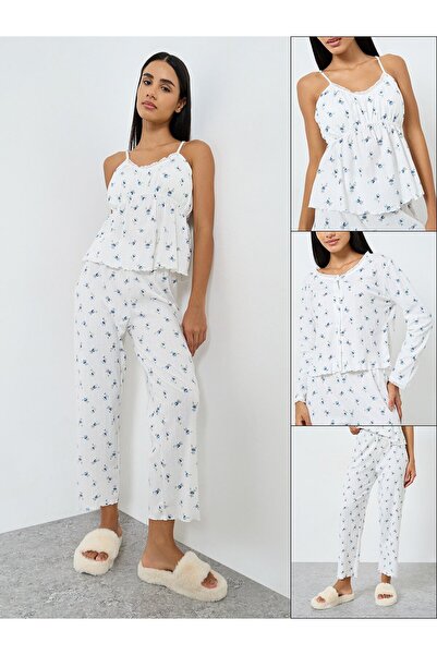 Styli Pack of 3 - Ditsy Floral Ruched Front Lace Detail Cami, Shirt and Pyjam...