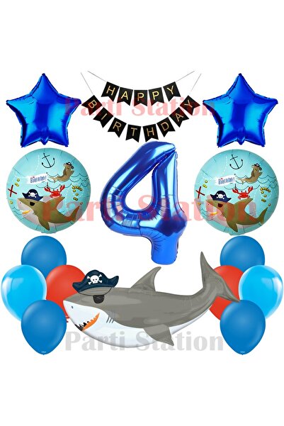 Parti Station Pirate Shark Themed 4Th Birthday Balloon Set & Happy Birthday B...