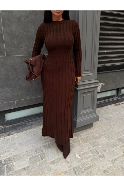 ZF BUTİK Kadın Fitilli Triko Uzun Elbise