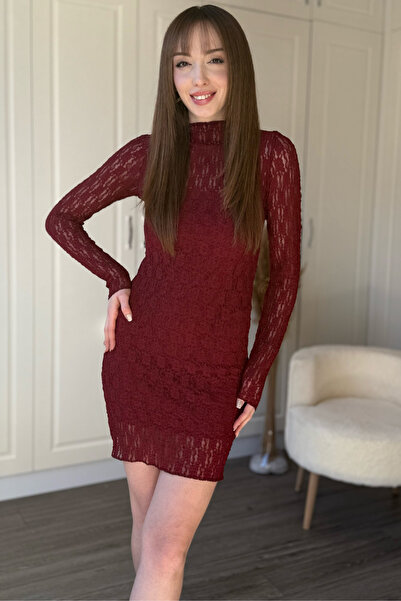 Dilay Gökoğlu Butik Μίνι δαντελένιο φόρεμα μπορντό με επένδυση στον γιακά