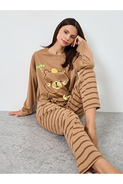 Styli Bear Printed Long Sleeve Tee&Pajama Long Sets