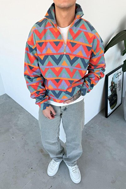 HAFKAGİYİM Renkli Geometrik Desenli Yarım Fermuarlı Polar Sweatshirt