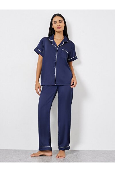 Styli Satin Piped Pocket Shirt and Pyjama Set