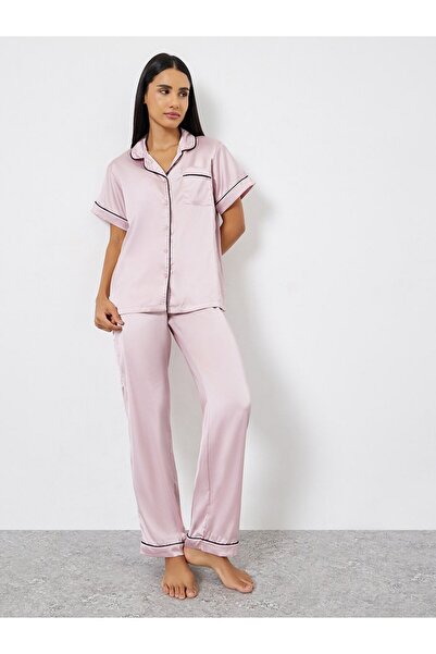 Styli Satin Piped Pocket Shirt and Pyjama Set