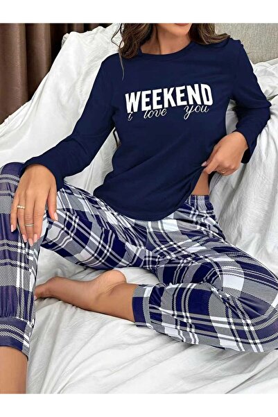 Take Two By Styli Text Print Round Neck Top and Checked Pyjama Set