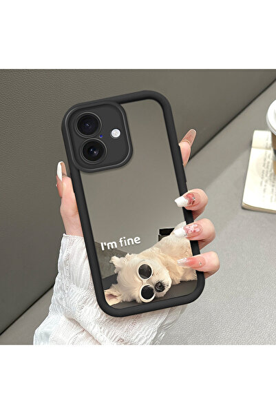 ucuc iPhone 16 Uyumlu Düşmeye Dayanıklı Siyah Silikon Kılıf Ayna Yüzlü Köpek ...