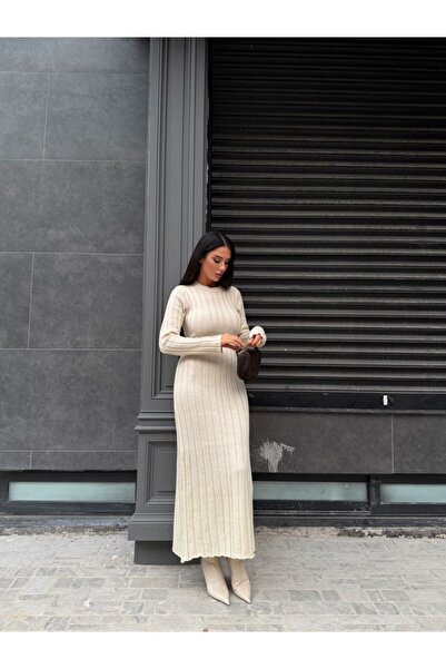 ZF BUTİK Kadın Fitilli Triko Uzun Elbise