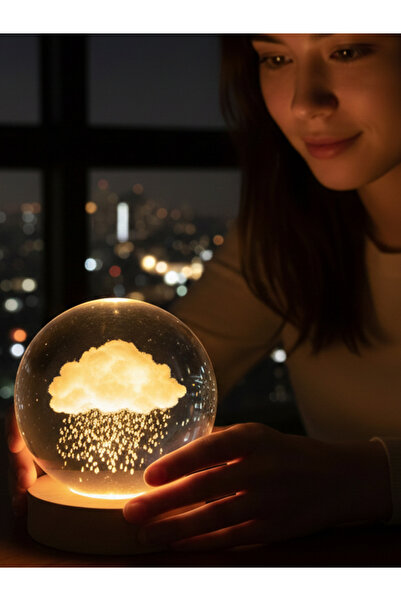 moryconcept Yağmur Model 3D Kristal Cam Küre Gece Lambası USB’li Dekoratif Ah...