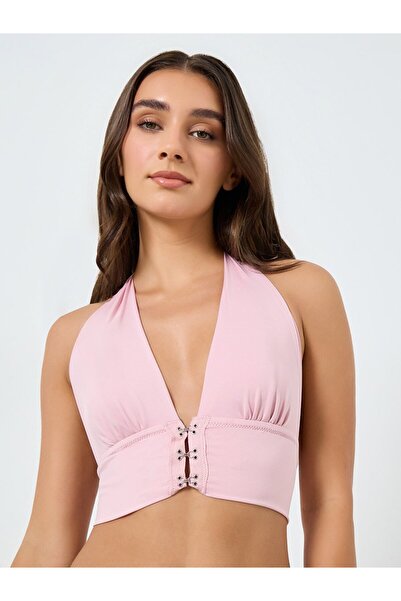 Take Two By Styli Solid Hanging Neck Metal Buckle Front Detail Non Wired Bra