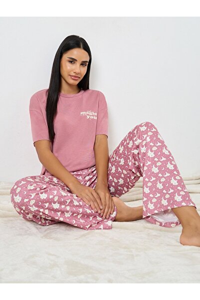 Styli Magic Slogan Drop Shoulder T-Shirt and Cloud Print Pyjama Set