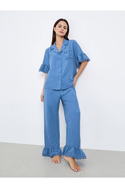 Styli Textured Ruffled Hem Lace Detail Shirt and Pyjama Set