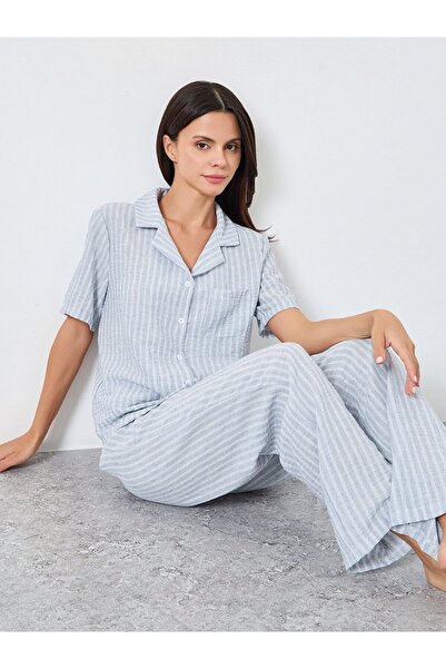 Styli Woven Linen Look Striped Shirt and Pyjama Set