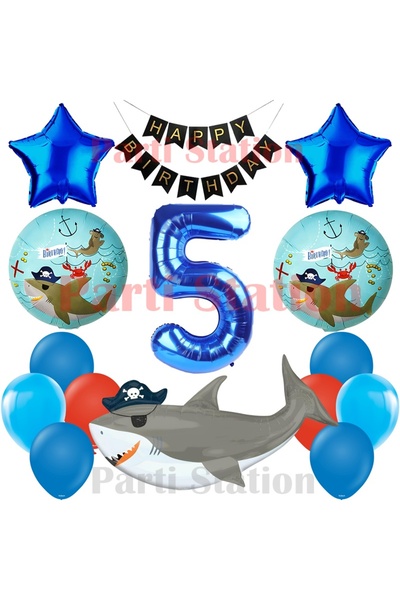 Parti Station Pirate Shark Themed 5Th Birthday Balloon Set & Happy Birthday B...