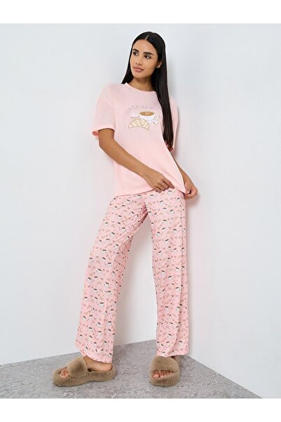 Styli Coffee Graphic Print Drop Shoulder T-Shirt and Pyjama Set