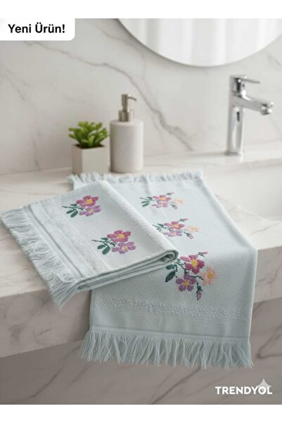 Fiesta Hediyelik Çeyizlik Kanaviçe İşlemeli Etamin Havlu Takım Turkuaz